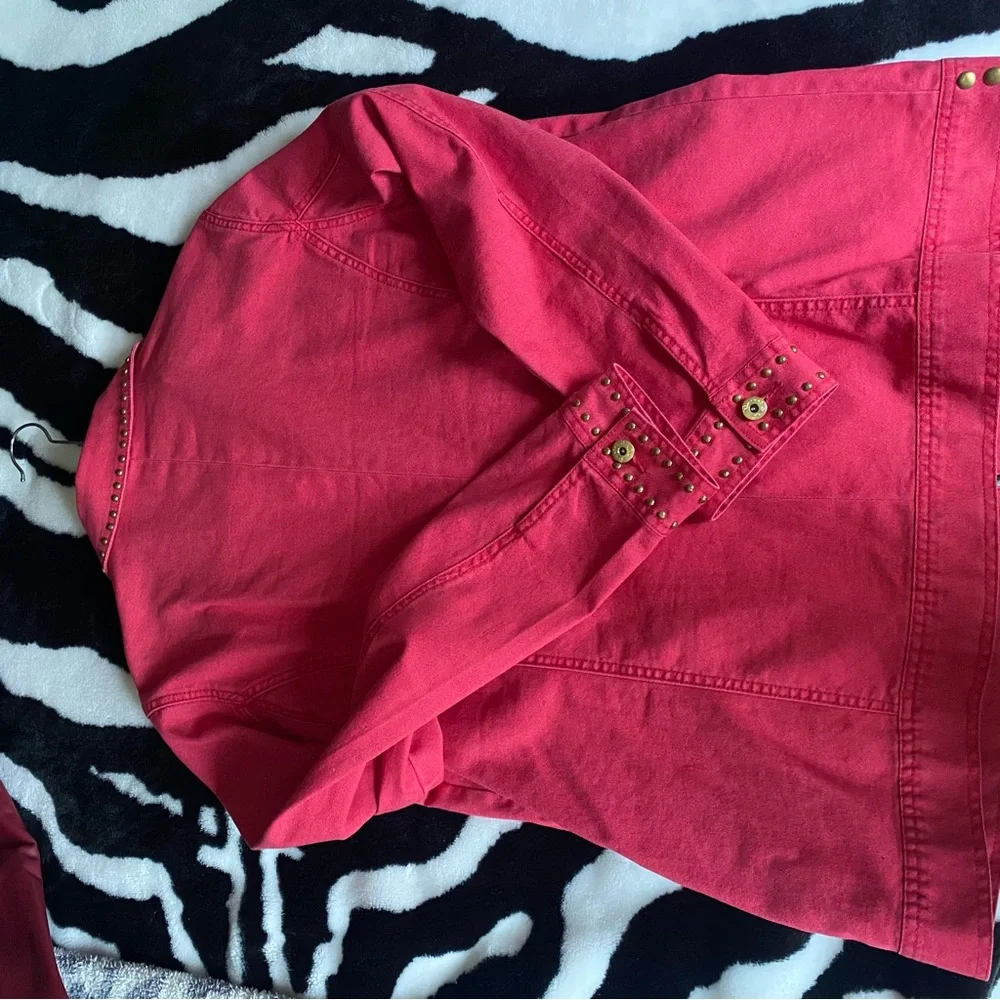 DG2 By Diane Gilman Women's Denim Gold Studded Orange Red Stretch Zip Jacket XL - Picture 7 of 9
